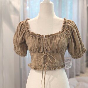 Miss Selfridge Eyelet Puff Sleeve Top, Washed‎ Khaki, Size 4